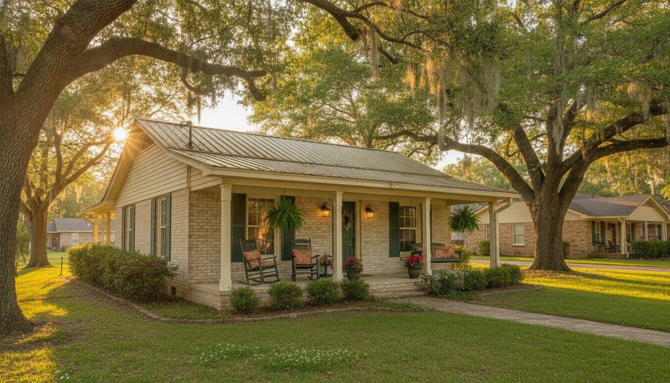 A Louisiana home with a covered porch beneath mature live oaks at golden hour