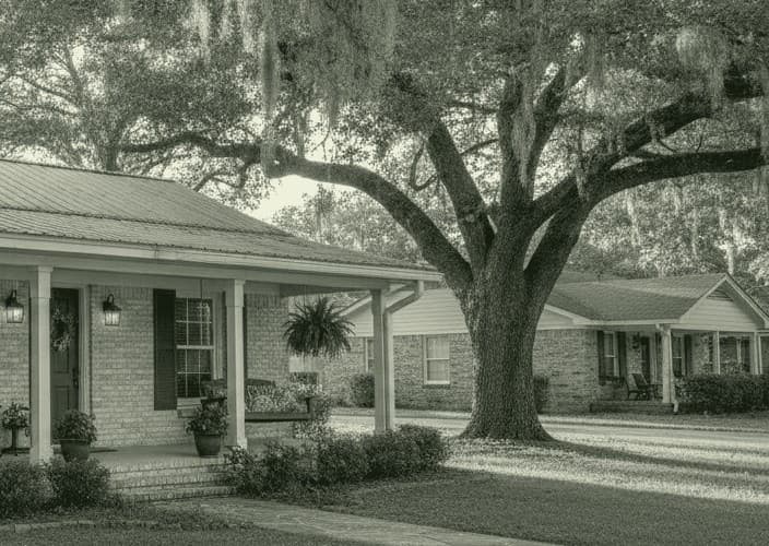 Homes and front lawns beneath mature trees in a Louisiana neighborhood