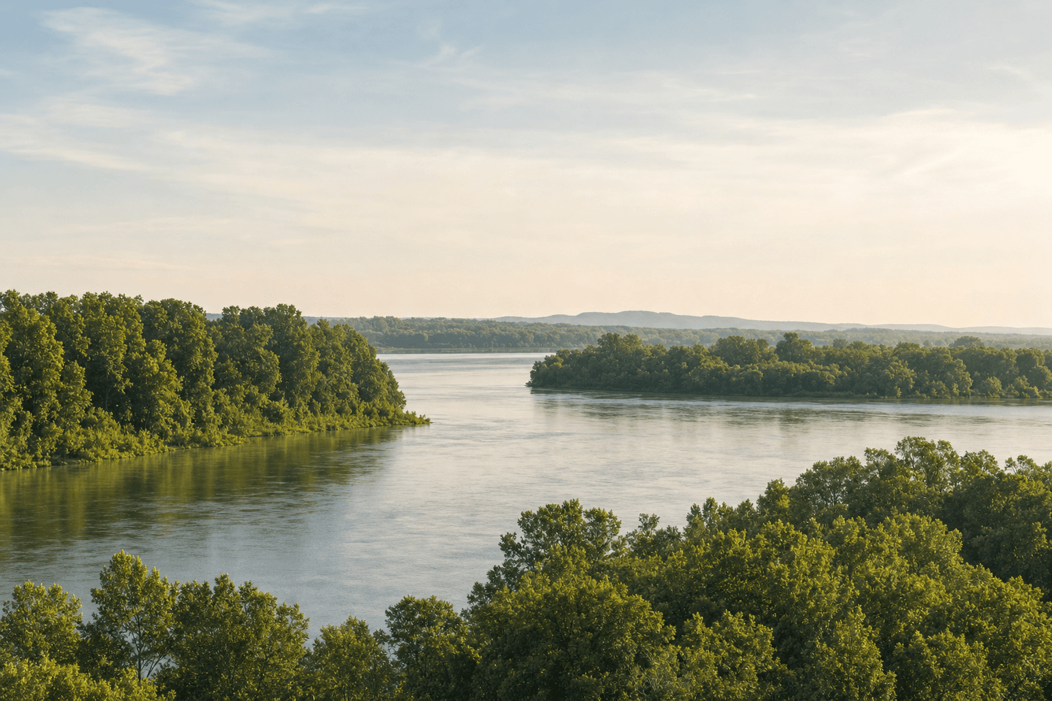 A river bend and wooded shoreline in warm afternoon light