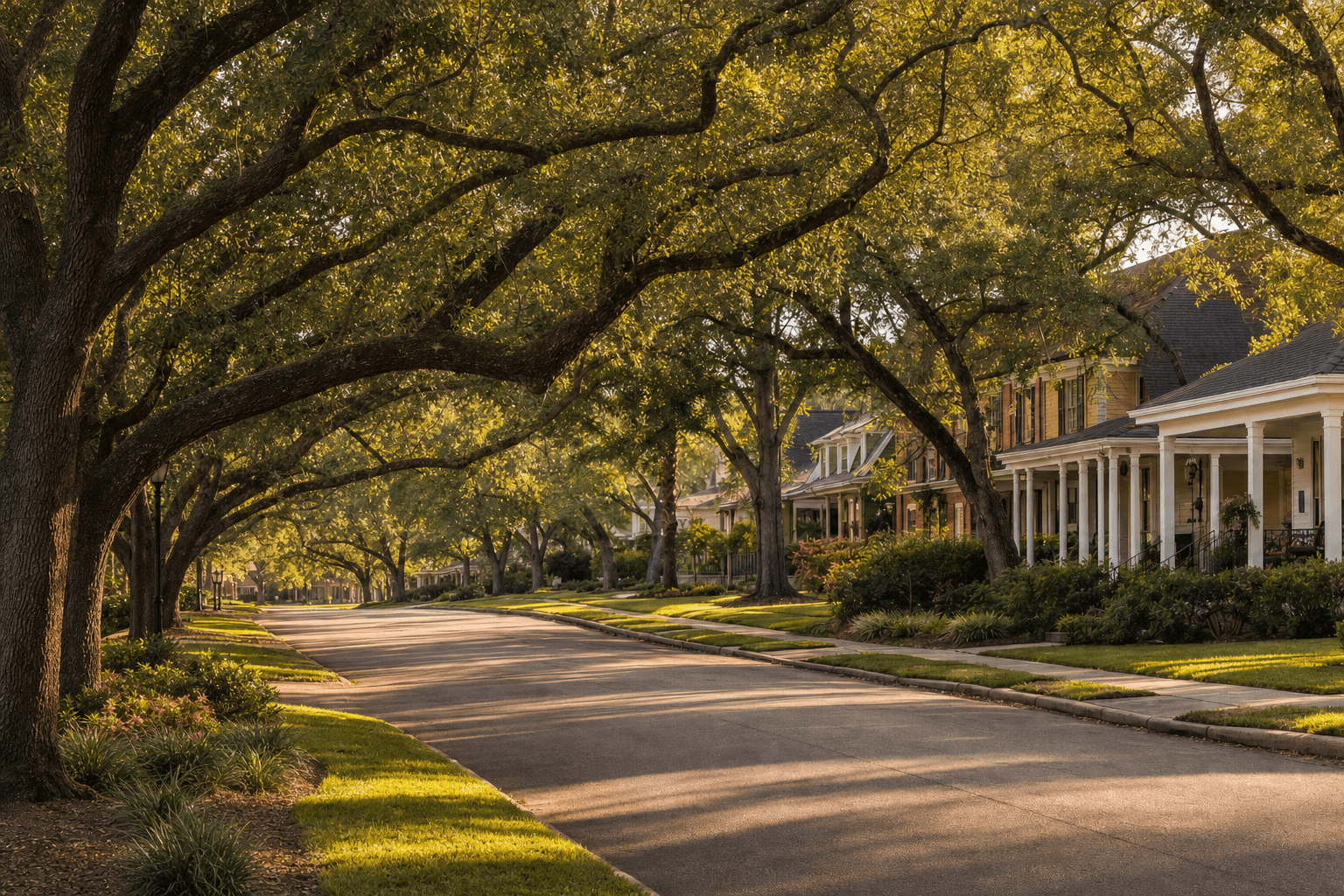 A tree-lined residential street with porch-front homes in the Shreveport-Bossier area
