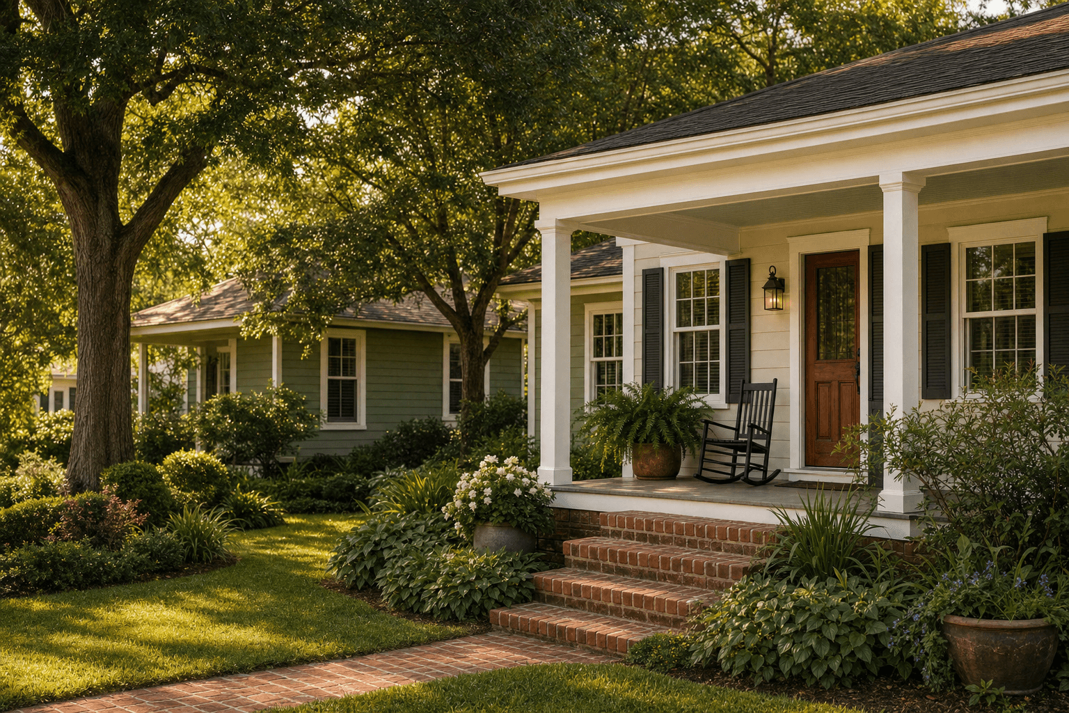 A welcoming Louisiana porch with white columns, a rocking chair, brick steps, and a planted garden