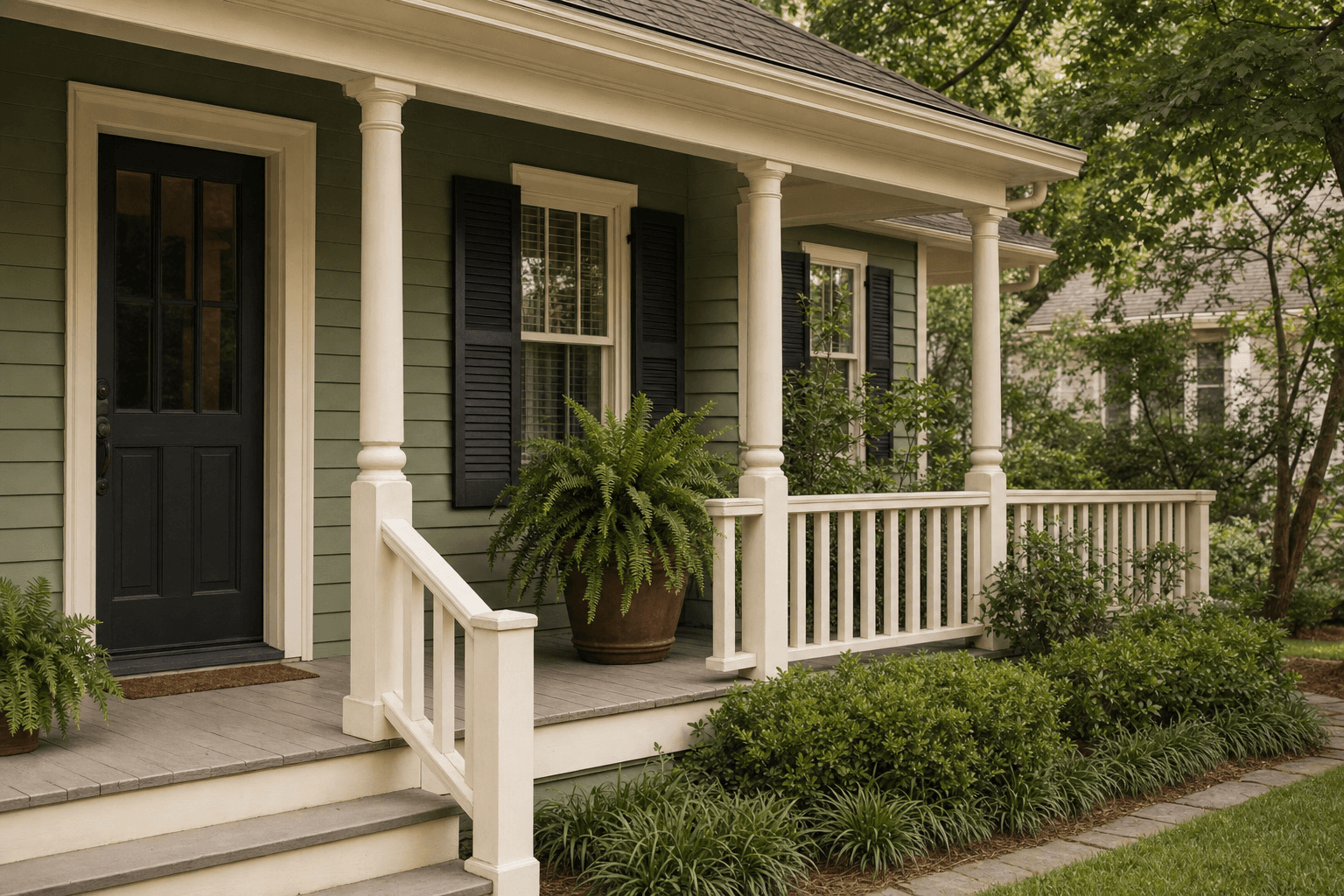 A Louisiana porch with a fern, painted columns, railing, and green siding