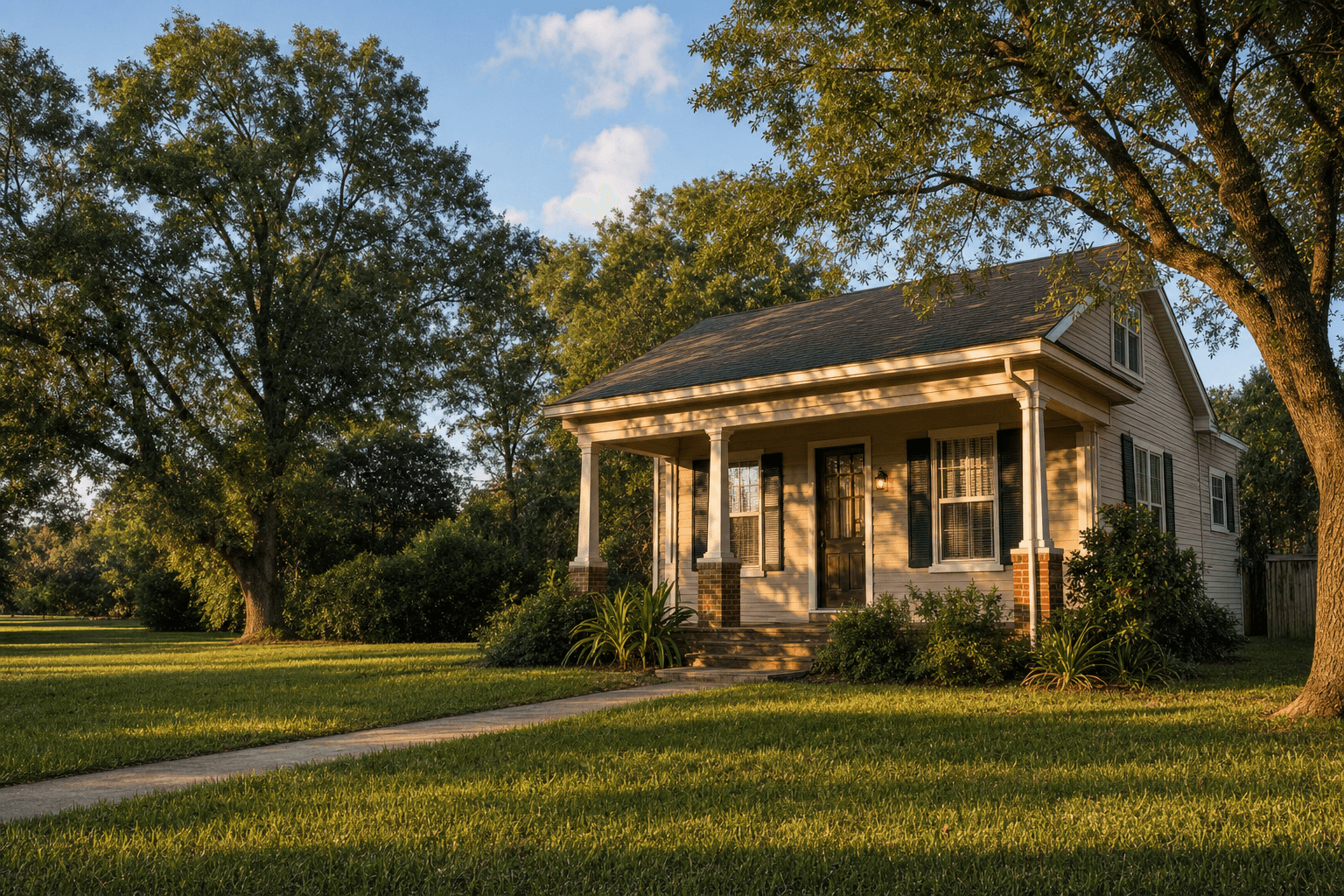 A Louisiana house with a sunlit front porch and landscaped lawn