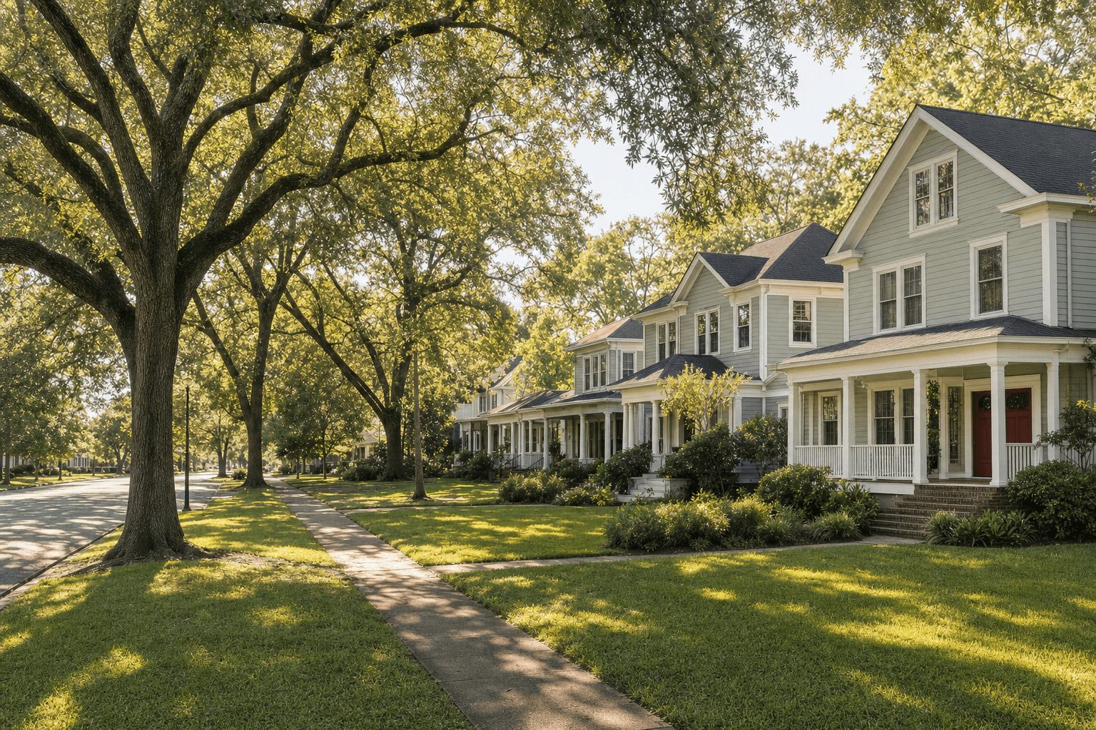 Front porches and mature trees along a Louisiana neighborhood street