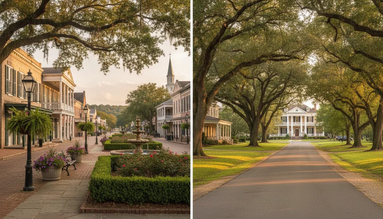 Side-by-side comparison of a Louisiana town center and a tree-lined residential setting
