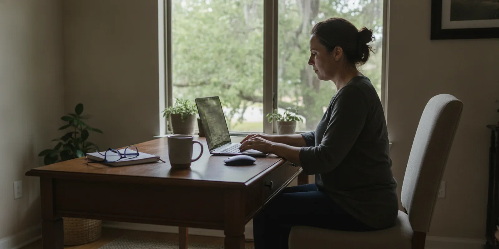 Remote worker using a laptop at a desk beside a bright window in a Bossier City home