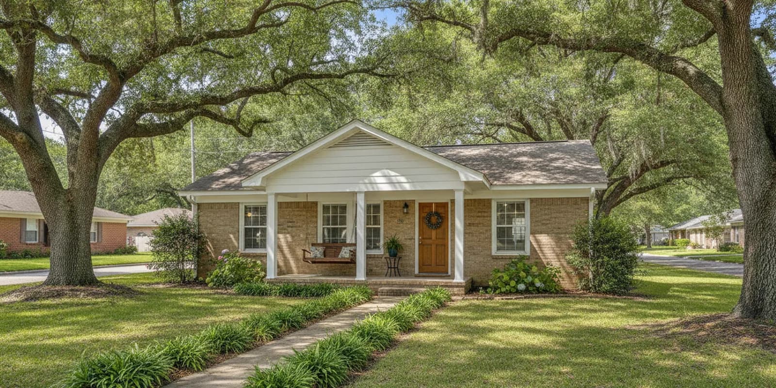 Single-story home with a level front walk and mature shade trees in a quiet Bossier City neighborhood