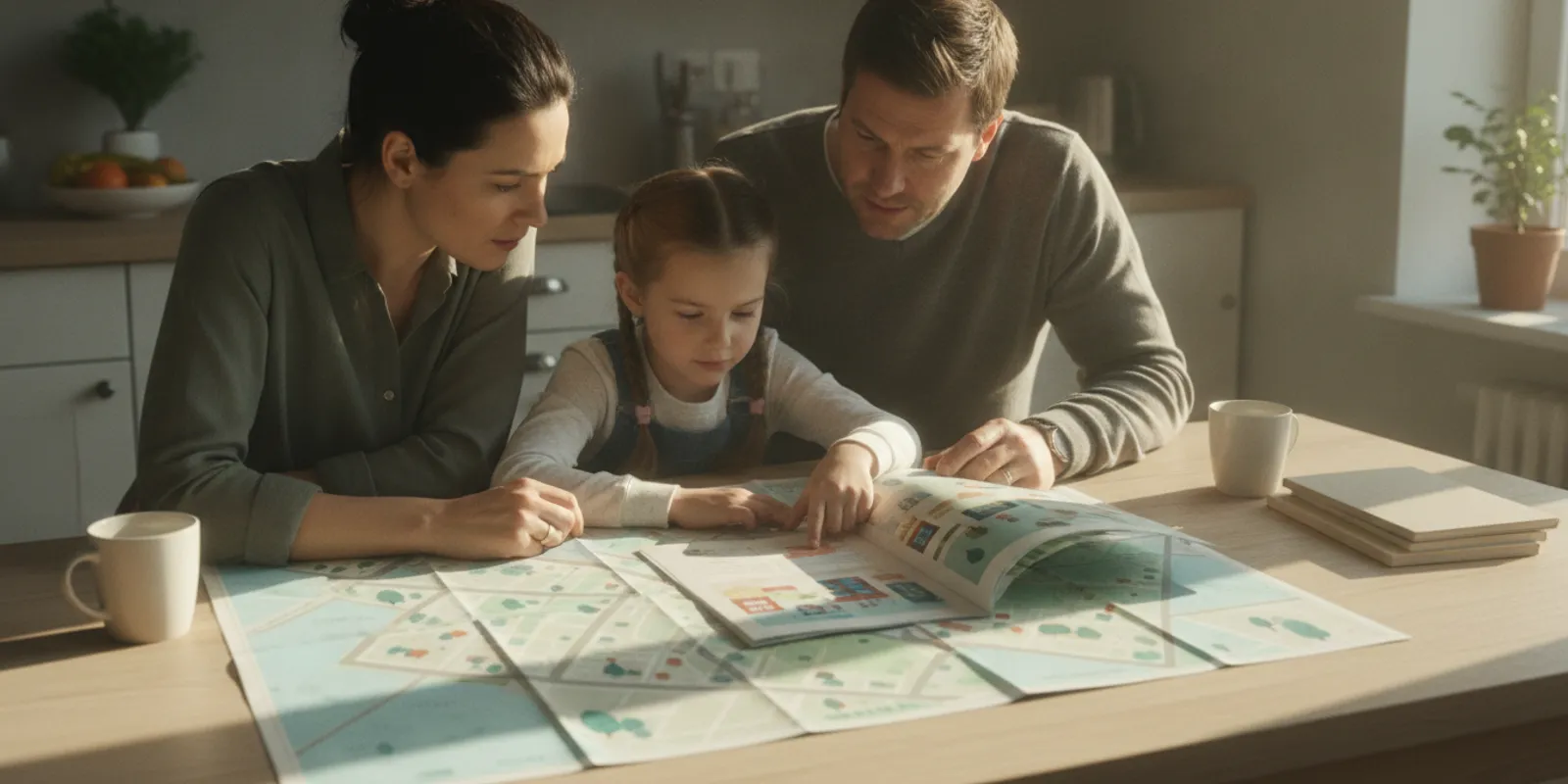 Family reviewing school information at a kitchen table in a Bossier City home