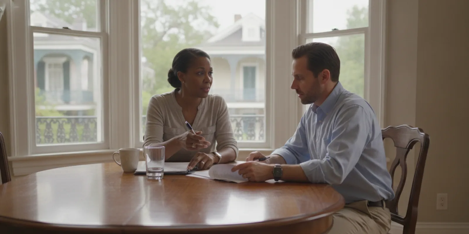 Real estate professional reviewing a home sale agreement with a client at a kitchen table