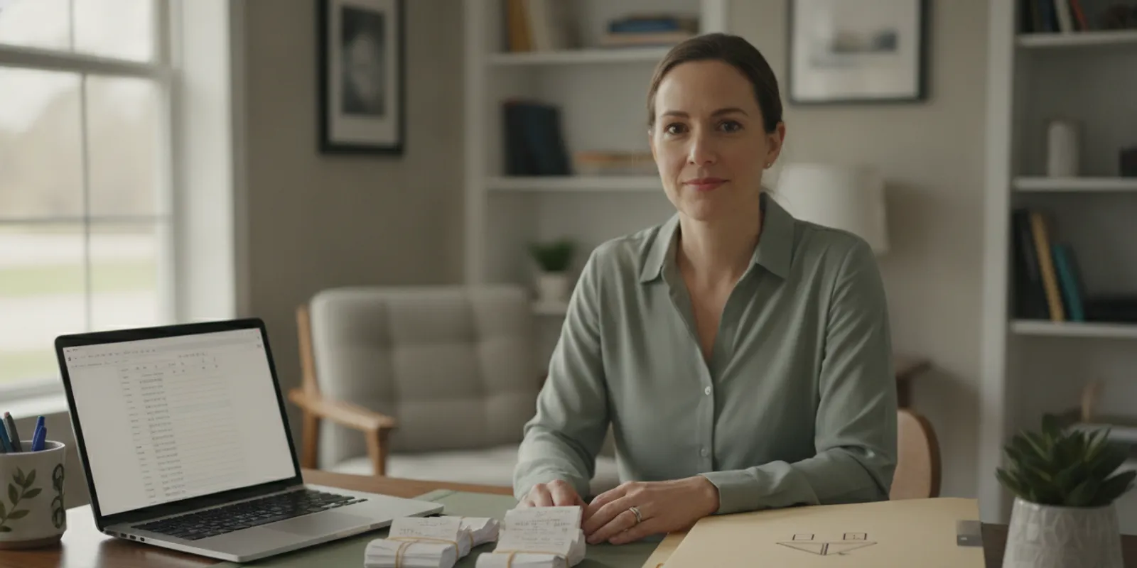 Landlord reviewing rental property expense records at a desk