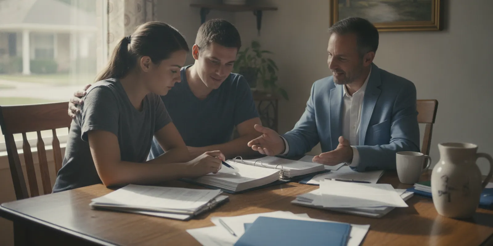 Homebuyers reviewing an offer at a table in a Bossier City home