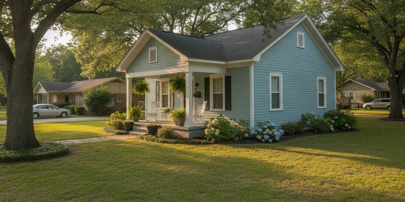 Rental home with a shaded front porch in a quiet Louisiana neighborhood