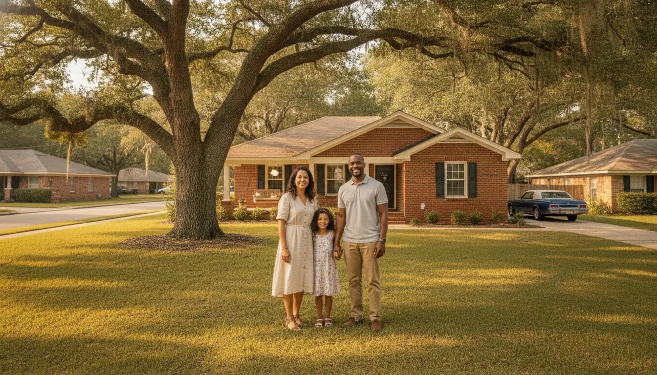 Family standing outside a brick home on a tree-lined Shreveport Louisiana street