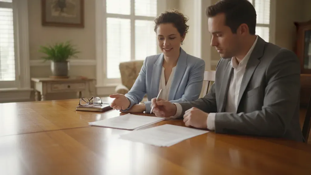 Louisiana homeowner reviewing home-sale closing paperwork with a real estate professional