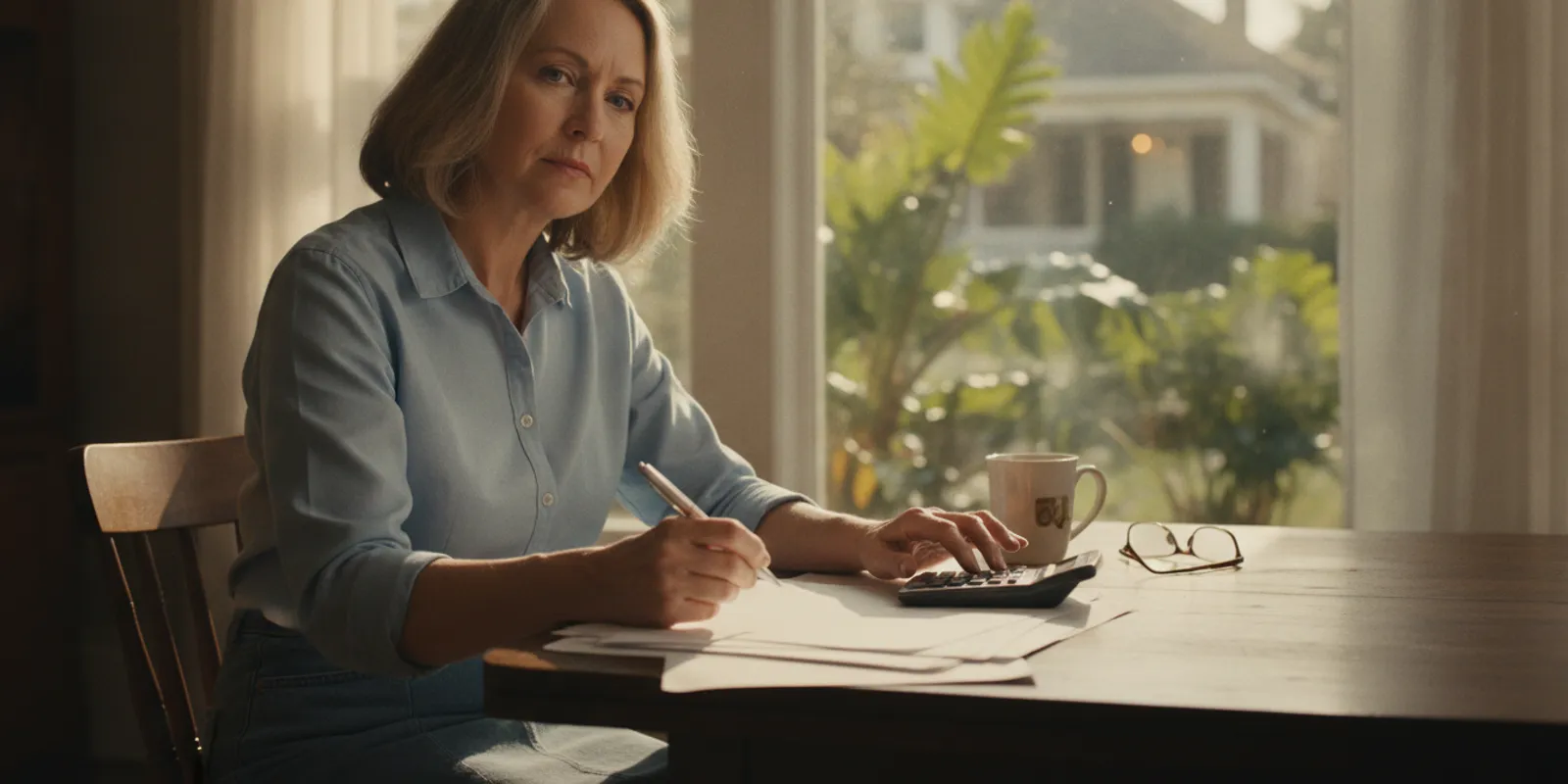 A homeowner reviewing a house sale document at a kitchen table in Louisiana