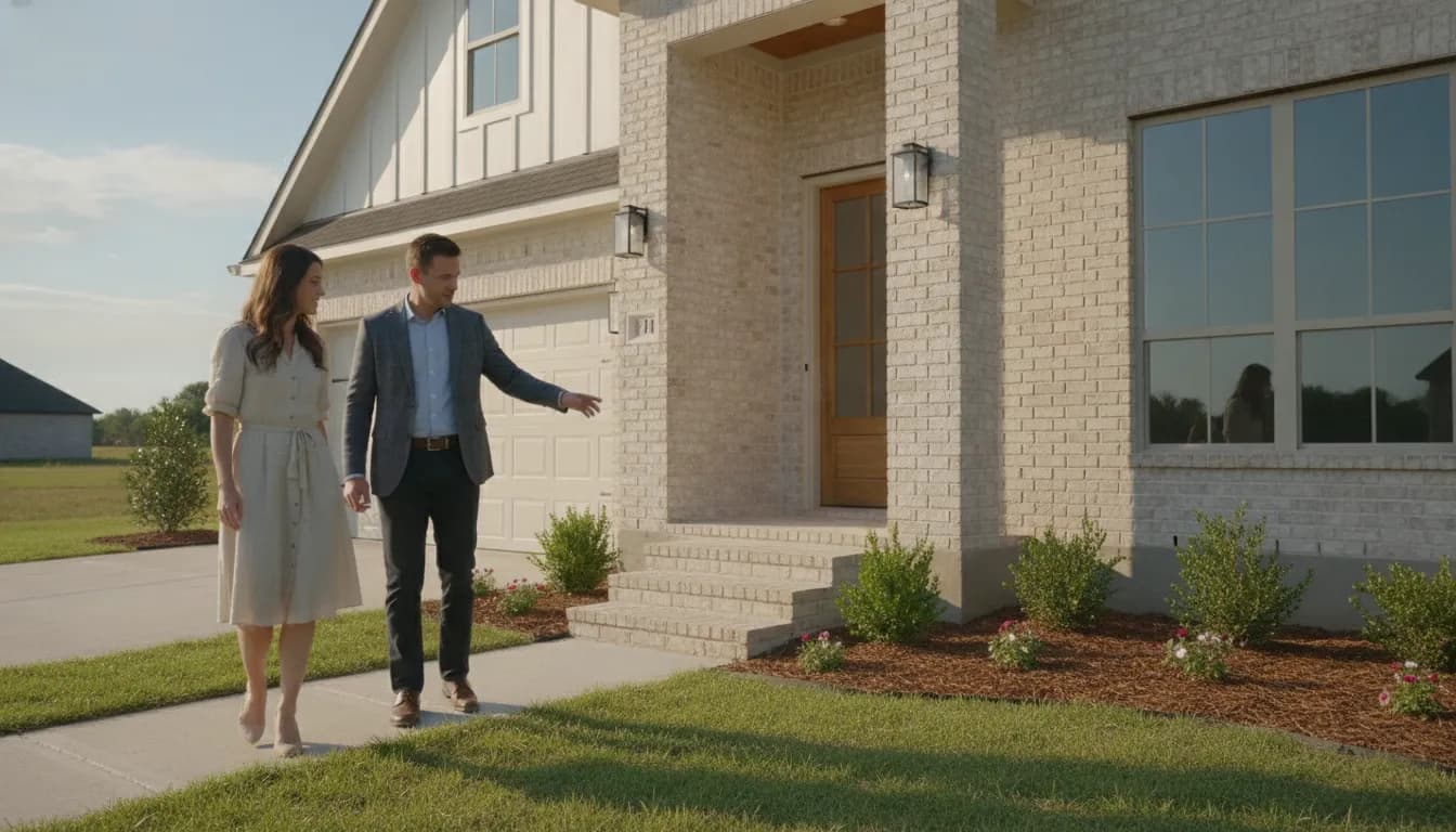 Buyers reviewing a newly built home with a local real estate professional