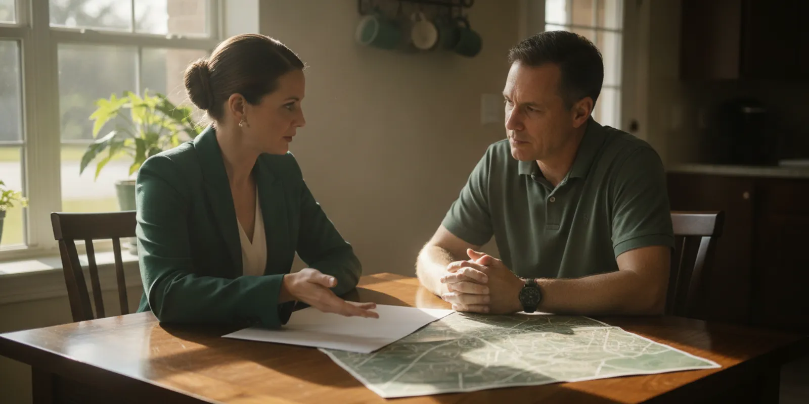 Homeowner and real estate agent reviewing a property file at a kitchen table in Bossier City