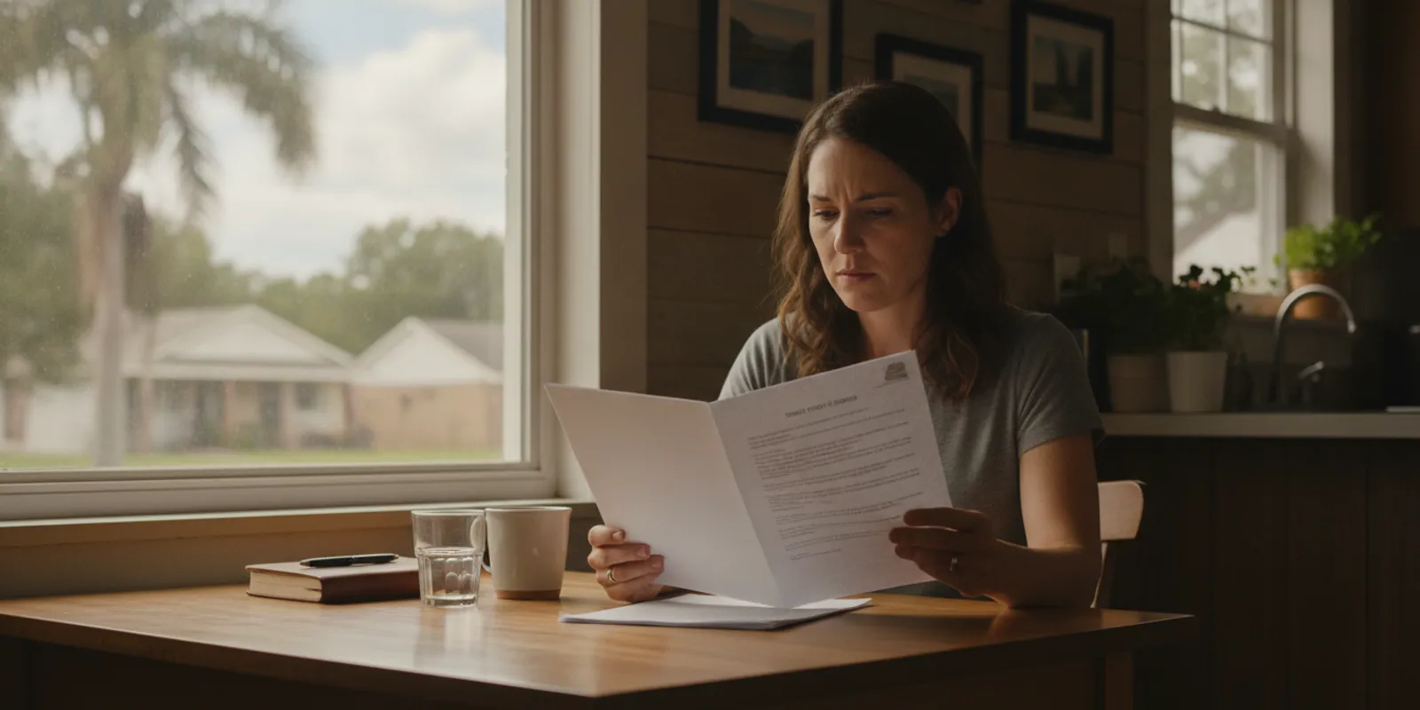 A prospective buyer reviewing a home and paperwork with an agent