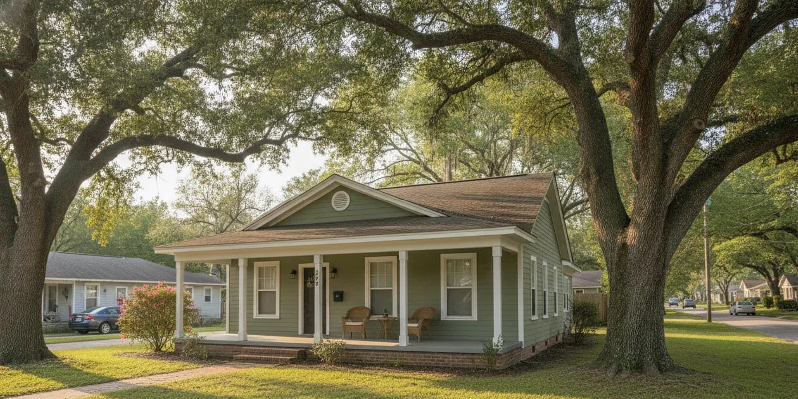 Louisiana rental home with a welcoming front porch and mature shade trees