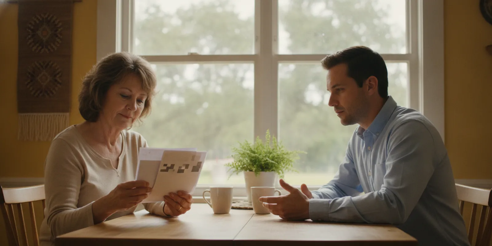Louisiana homeowner reviewing house-sale paperwork with a professional at a table